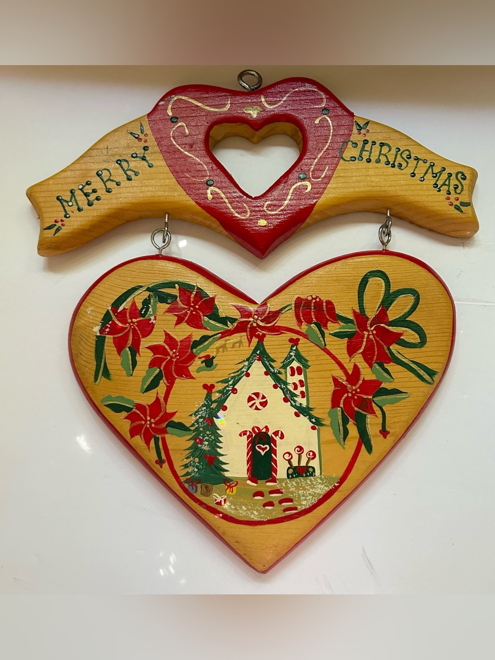 Vintage Hand Painted Christmas Wooden Door Wall Hanging Heart Plaque Wood